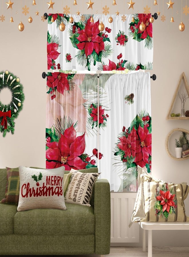 Deztibos Christmas Poinsettia Curtain Valances Set - Upper & Lower Curtains, 52'' L x 18'' W & 36'' L x 26'' W, Kitchen Windows Decor, 3 Piece Set, Red - Image 3